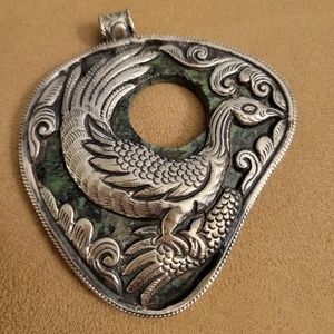 Tibetan Turquoise & Repoussé Silver Bird Pendant